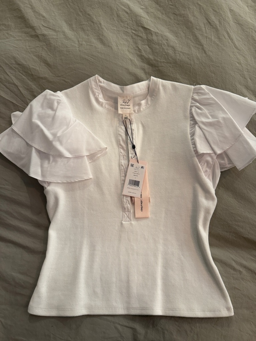 cinq a sept White Short Sleeve Ruffle-Sleeve Tee
